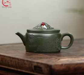 Ấm tử sa như ý hán ngoã khắc sơn thuỷ đẹp khoáng đại hồng bào 180ml ATS168