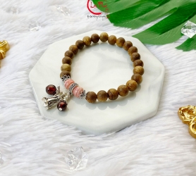 Vòng tay trầm hương mix đá Ngọc Hồng Lụu + Đào hoa và Charm 02 CTD6