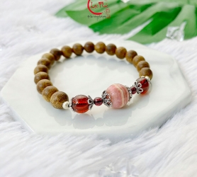 Vòng tay trầm hương mix đá Ngọc Hồng Lụu + Đào hoa và Charm CTD6 01