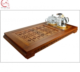 Khay trà gỗ cánh gà 95x49x8 cm hoạ tiết kết hợp bộ bếp điện KG26