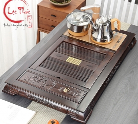 Khay trà gỗ gụ 83x48x7 cm hoạ tiết hoa xuân kết hợp bộ bếp điện KG21