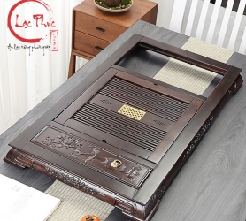 Khay trà gỗ gụ 83x48x7 cm hoạ tiết hoa xuân kết hợp bộ bếp điện KG21
