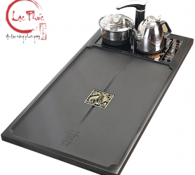 Khay trà bằng đá 85x45x3 cm hoạ tiết Sen Cá cao cấp kết hợp bộ bếp điện KD02