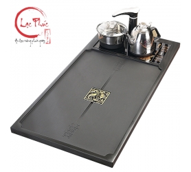 Khay trà bằng đá 85x45x3 cm hoạ tiết Sen Cá cao cấp kết hợp bộ bếp điện KD02