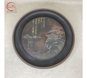 Khay trà đất tử sa nê hưng tròn điêu khắc sơn thuỷ kích thước 27cm đẹp KNH02