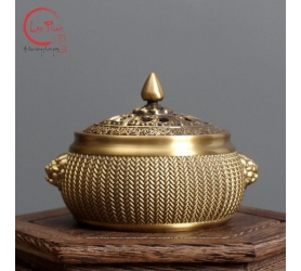 Lư đồng vàng xông nhang trầm hoa văn đẹp LD6