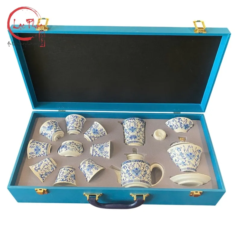 Bộ ấm trà sứ Cảnh Đức cao cấp 14 món vali BAT03-1