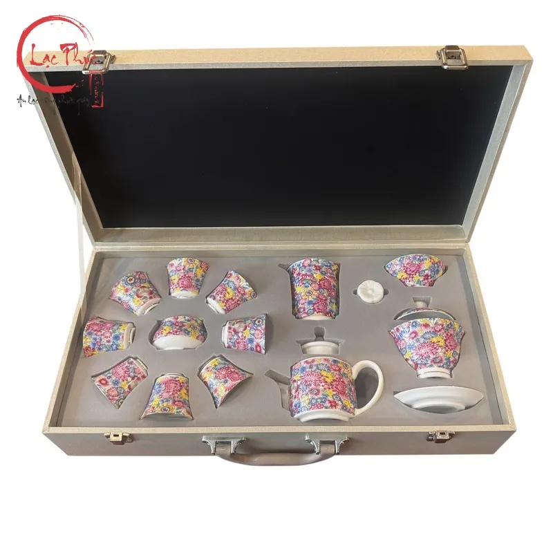 Bộ ấm trà sứ Cảnh Đức cao cấp 14 món vali BAT03-2