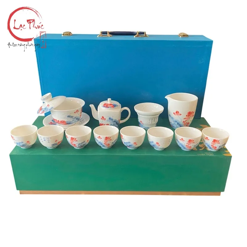 Bộ ấm trà sứ Cảnh Đức cao cấp hoa sen 14 món BAT01