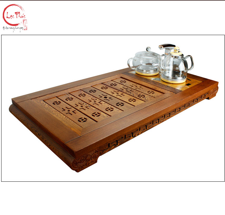 Khay trà gỗ cánh gà 95x49x8 cm hoạ tiết kết hợp bộ bếp điện KG26