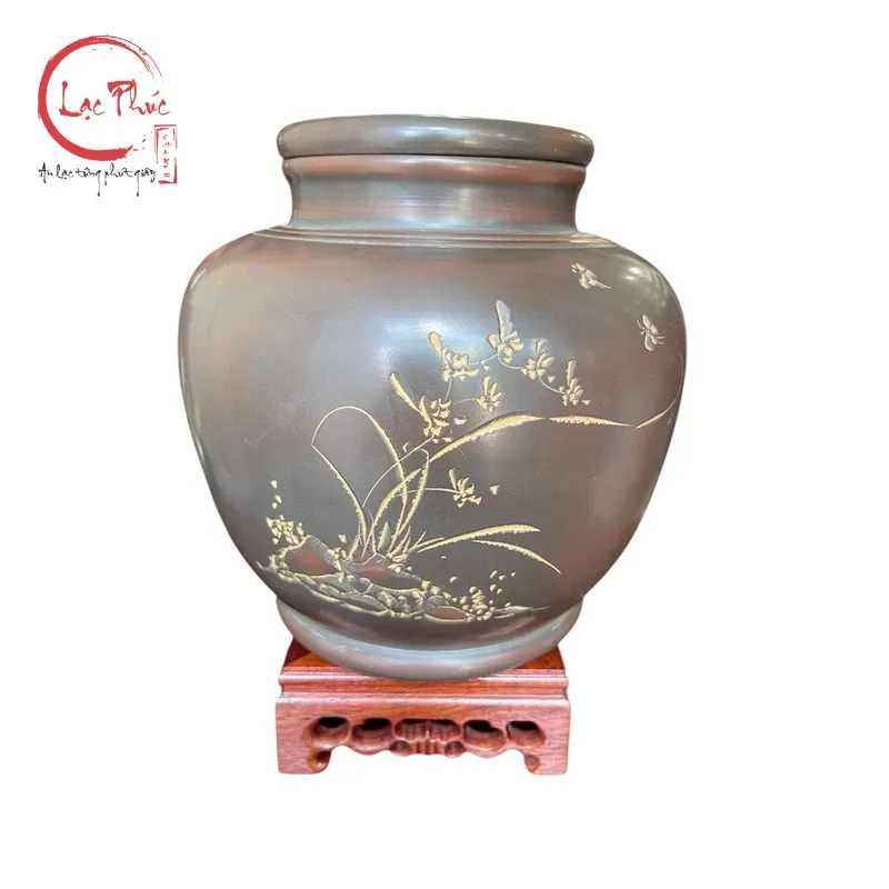 Hủ trà tử sa khắc hoa lan đẹp 2L cao cấp HT10