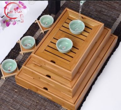 Khay trà tre màu vàng khắc trúc đẹp 40x28x6cm KT25