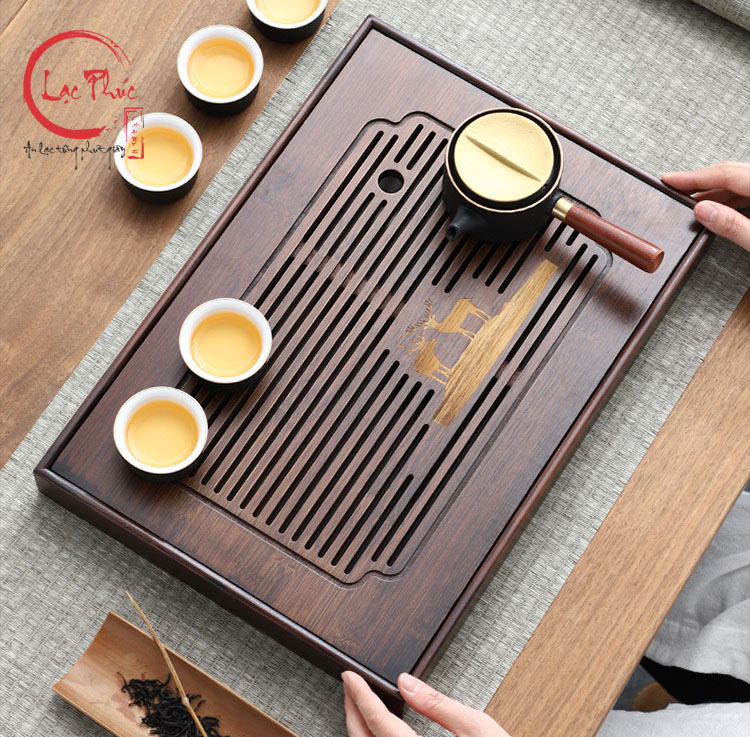 Khay trà tre họa tiết đẹp để bộ ấm trà cỡ trung 40x28x4cm KT03