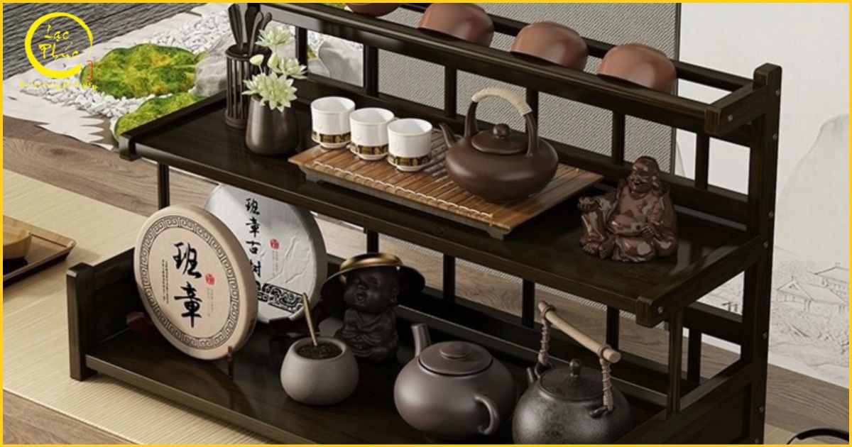 Giới thiệu chung về kệ gỗ trang trí trong không gian trà đạo